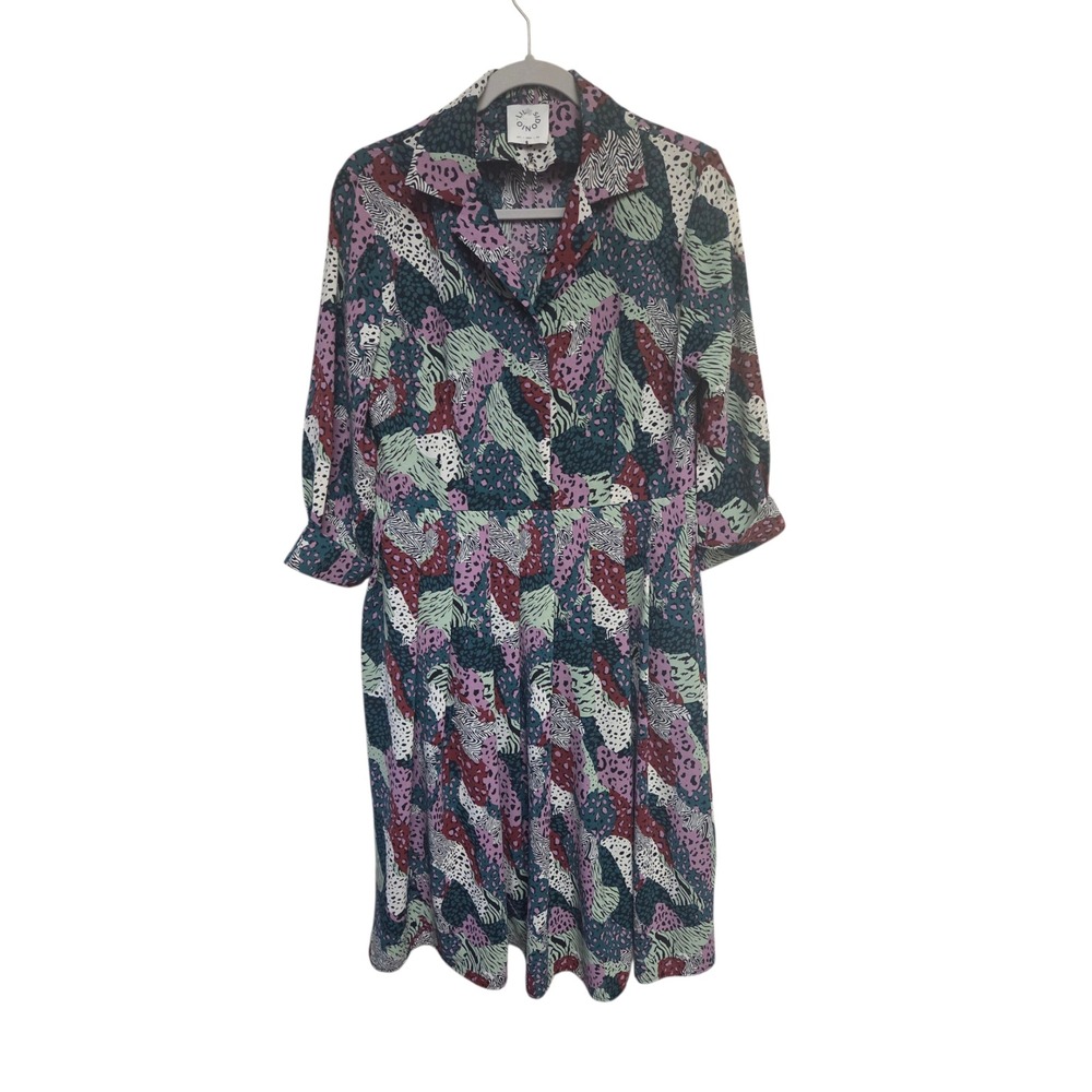 Lilano Dress Colorful Print Button Down 3/4 Sleeve‎ Midi Length